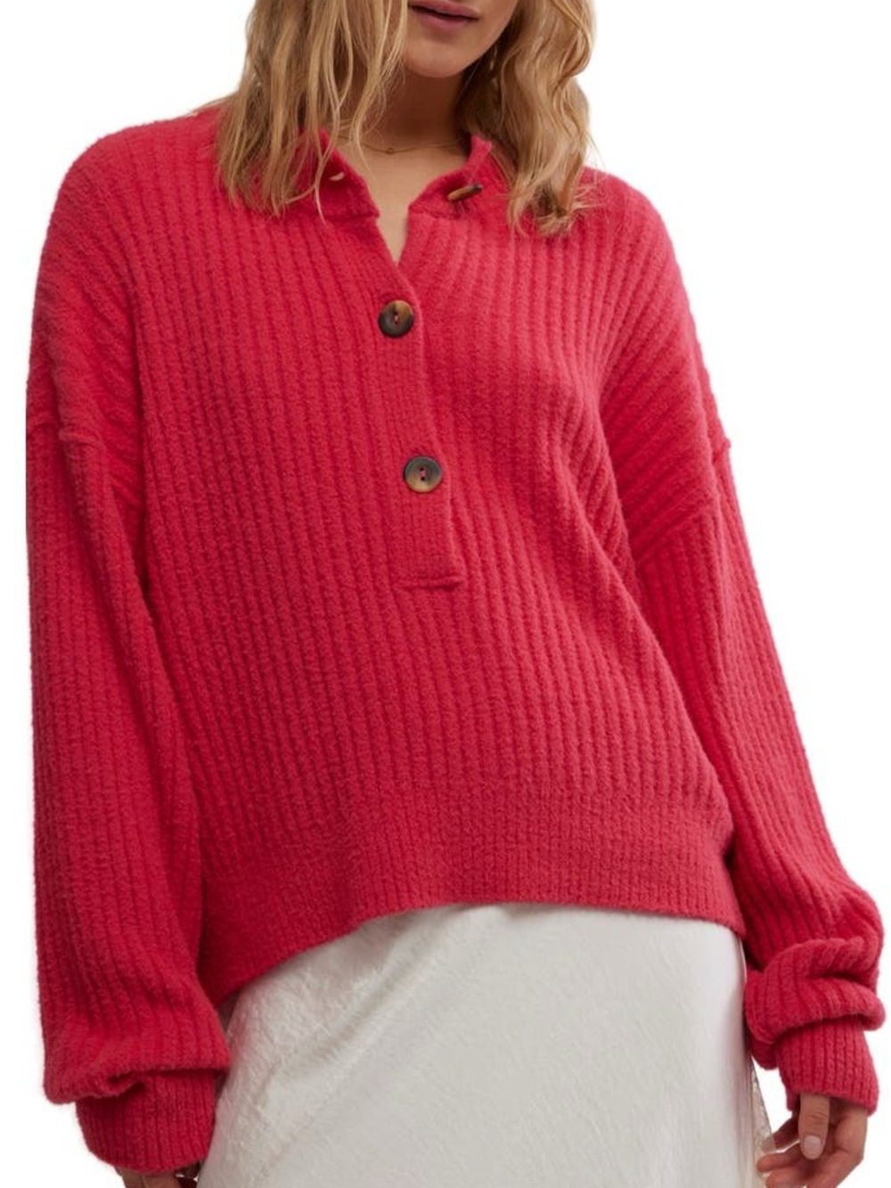 Free People Cocoa Rib Henley Sweater